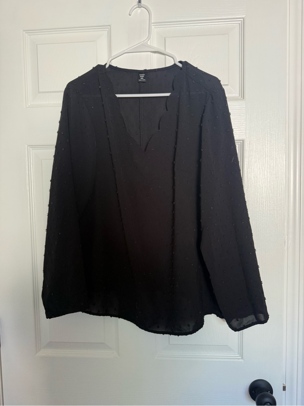 SHEIN Black Scalloped V-Neck Beaded Long Sleeve Top
